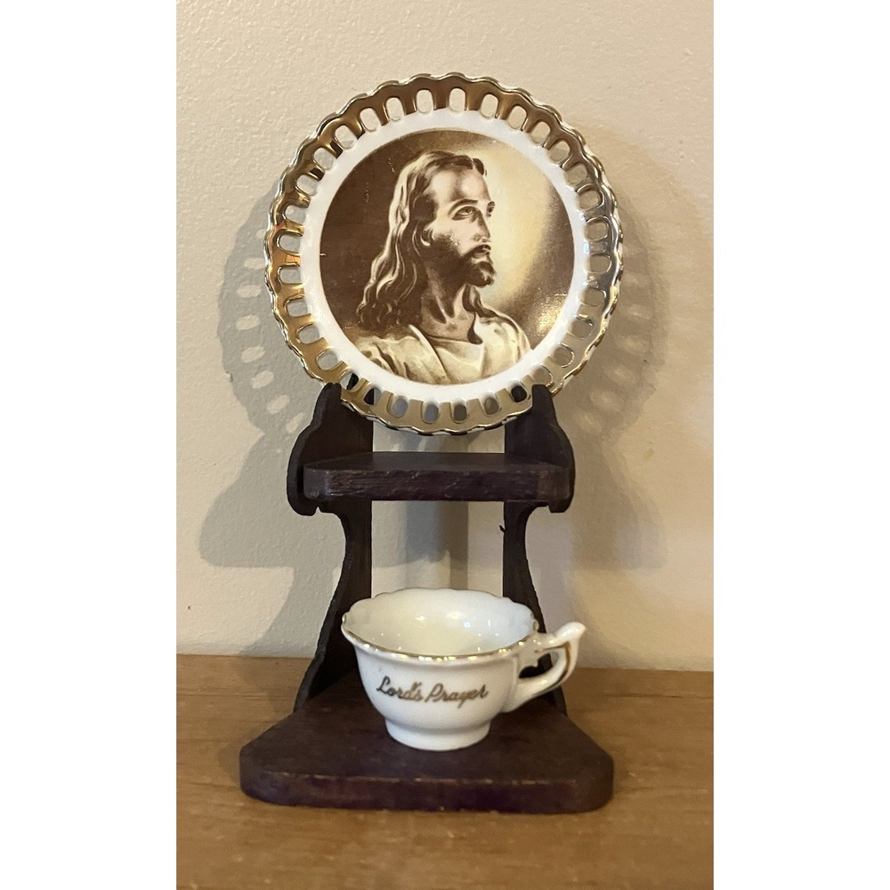 Vintage Miniature Lord's Prayer Teacup & Gold Trim Jesus Saucer - Made in Japan